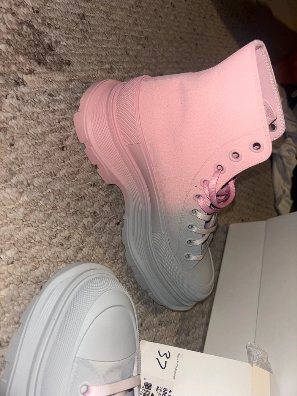 Alexander McQueen Pink and White Lace-Up High-Top Platform Boots - Picture 4 of 5